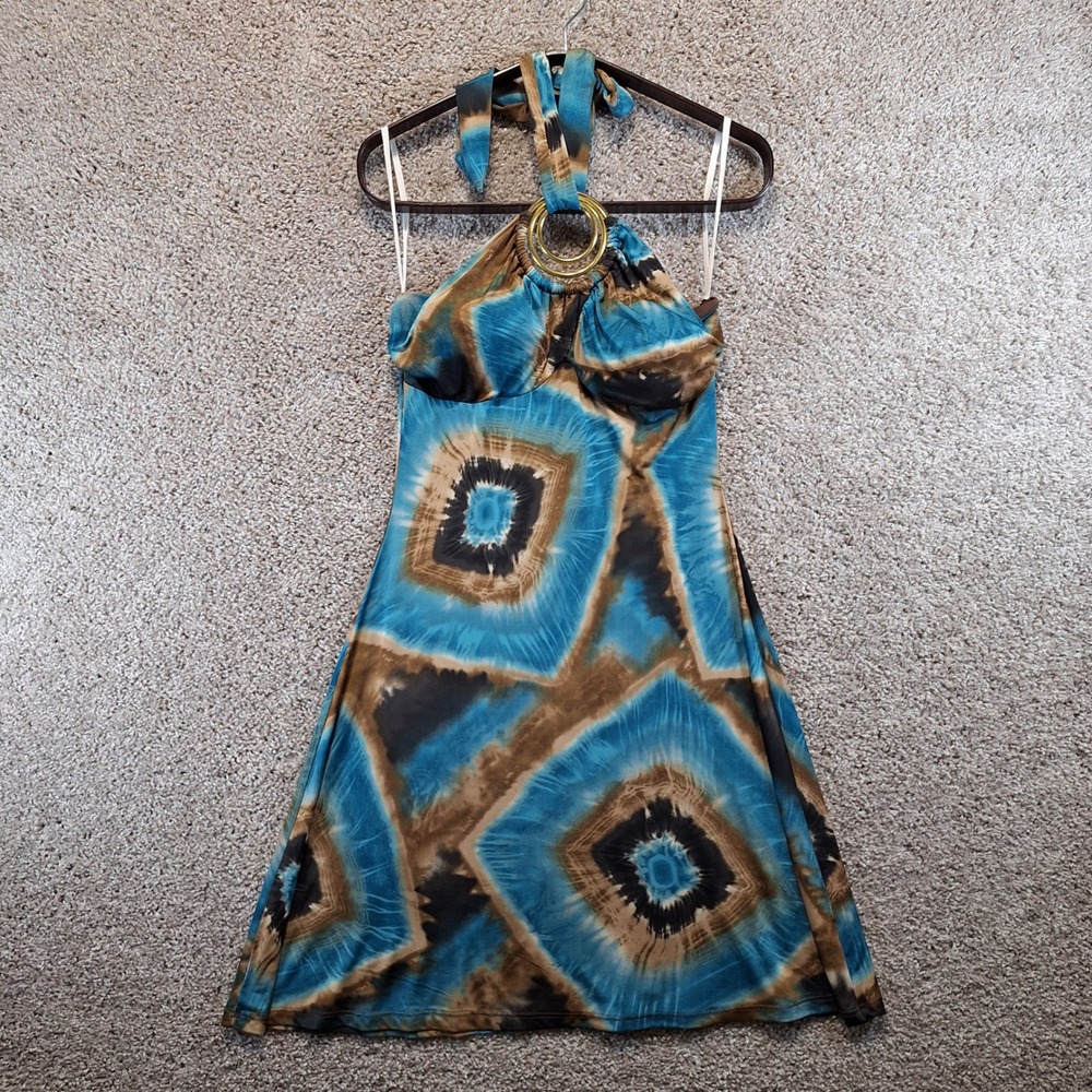 Kala Dress Womens M Multicolor Tie Dye Halter O-Ring Boho Hippie Summer Mini